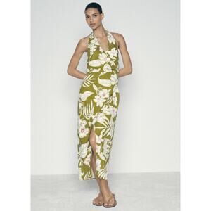 Zara Olive Green Tropical Floral Print Boho Halter Wrap Midi Dress Size Large